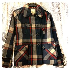 Red, blue, grey waist length peacoat